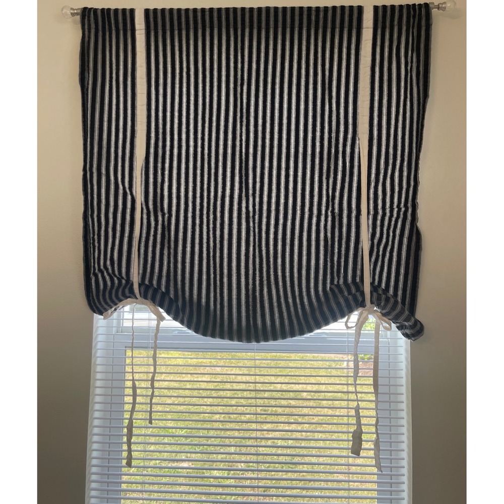 French Ticking Stripe Farmhouse Black White Striped Tie Up Curtain Set 55"x 40"